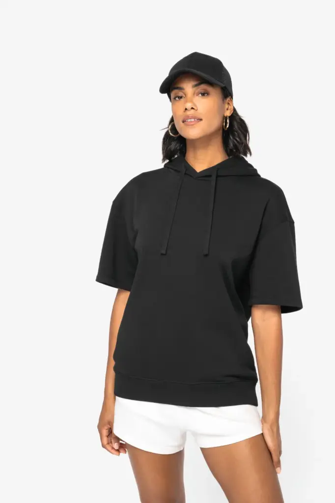 Ecologische uniseks sweater met capuchon en korte verlaagde schouders French Terry — productfoto 2