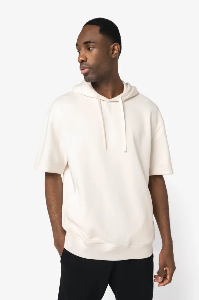 Ecologische uniseks sweater met capuchon en korte verlaagde schouders French Terry — productfoto 3
