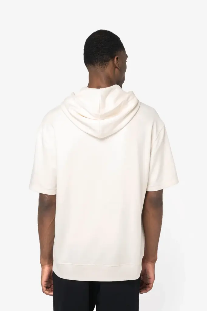 Ecologische uniseks sweater met capuchon en korte verlaagde schouders French Terry — productfoto 4