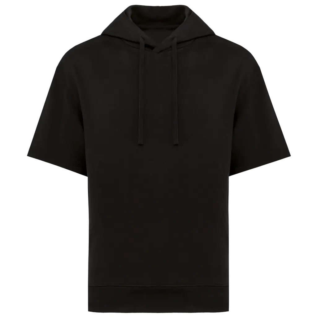 Ecologische uniseks sweater met capuchon en korte verlaagde schouders French Terry, black — productfoto 6