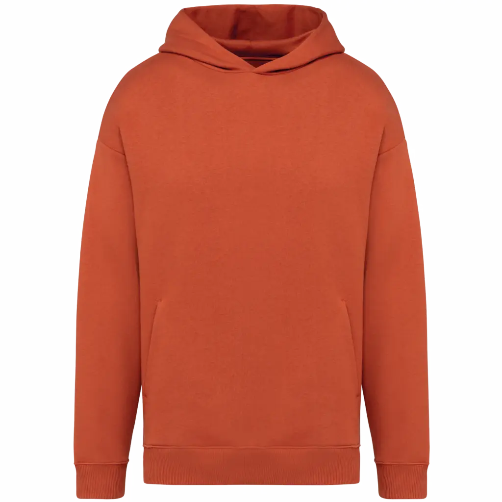 Ecologische uniseks oversized sweater met capuchon, burnt brick — productfoto 10