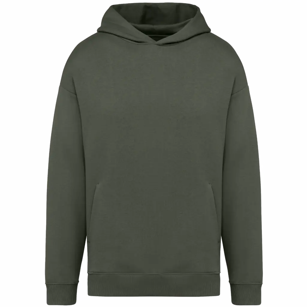 Ecologische uniseks oversized sweater met capuchon, organic khaki — productfoto 16