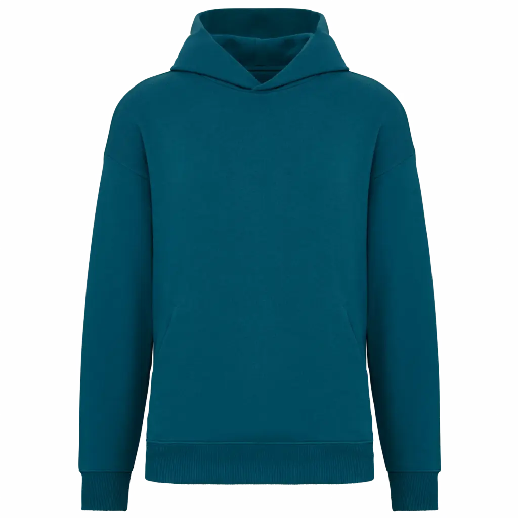 Ecologische uniseks oversized sweater met capuchon, peacock green — productfoto 17
