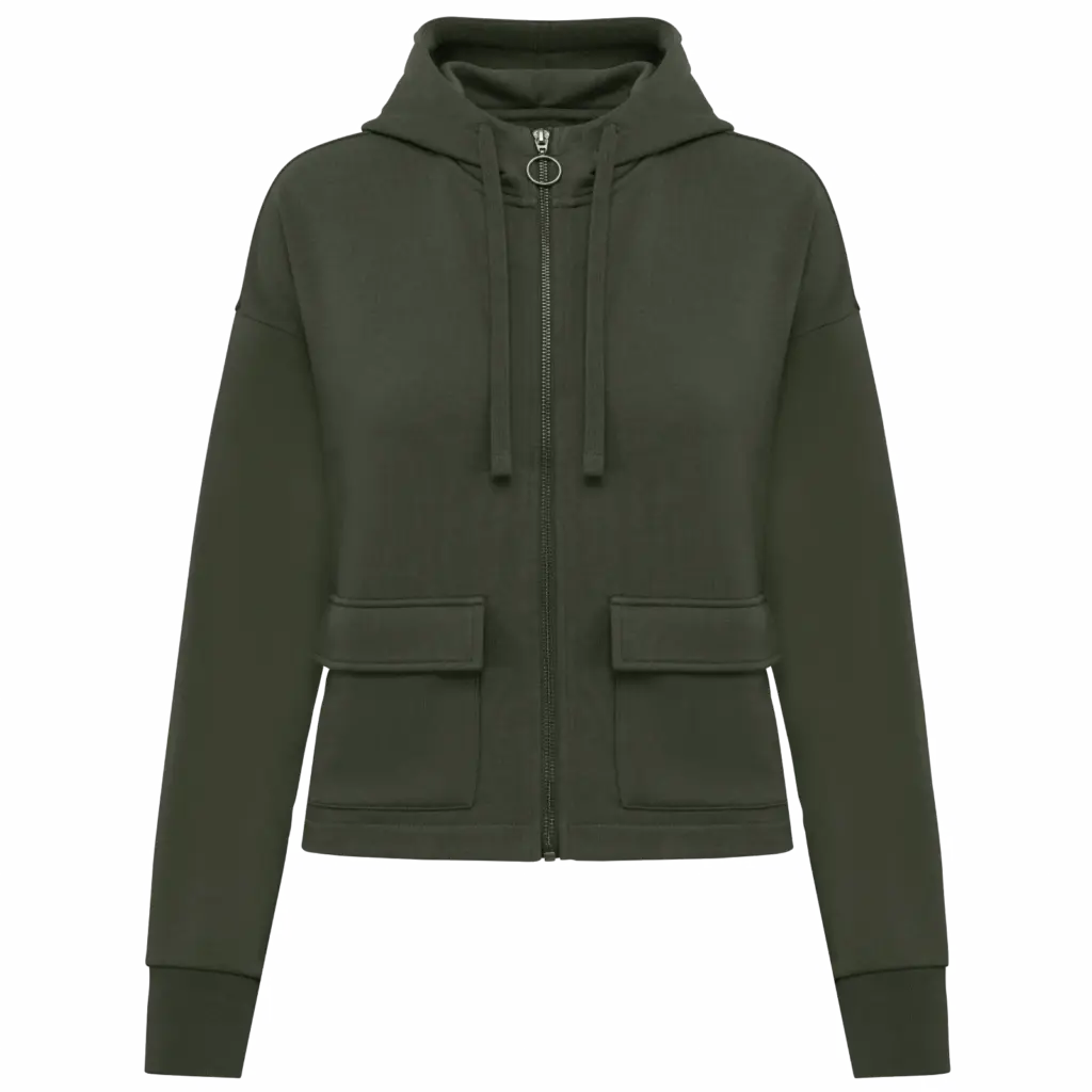 Ecologische sweatvest met capuchon French Terry, organic khaki — productfoto 9