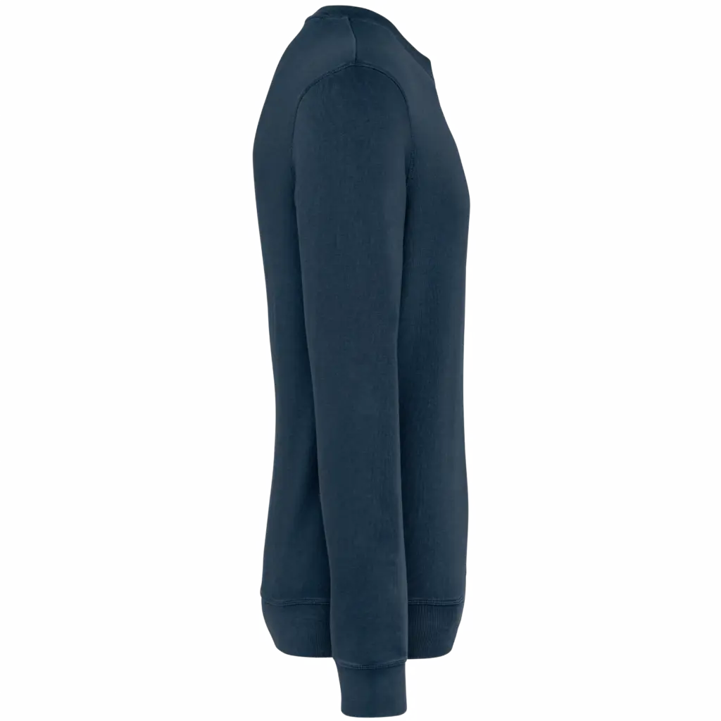 Ecologische uniseks sweater met ronde hals French Terry, washed navy blue — productfoto 8