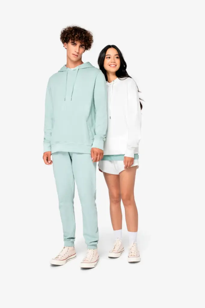 Ecologische uniseks sweater met capuchon French Terry — productfoto 2