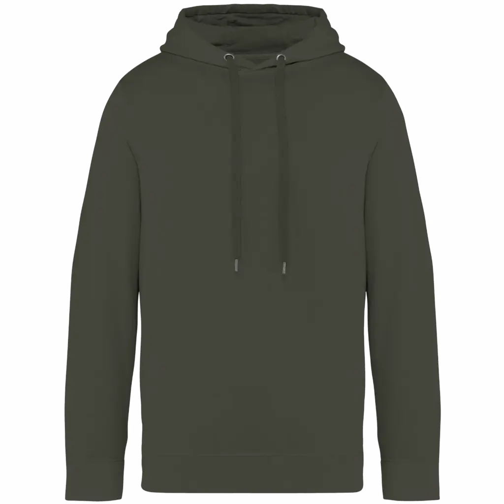 Ecologische uniseks sweater met capuchon French Terry, washed organic khaki — productfoto 10