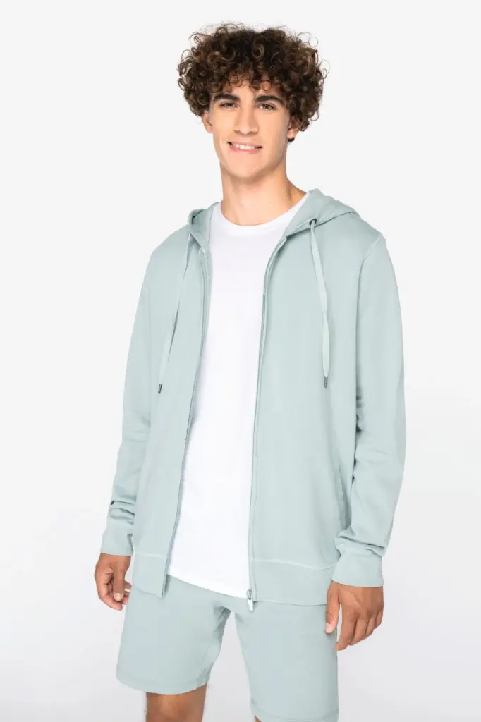 Ecologische uniseks sweater met rits en capuchon French Terry — productfoto 2