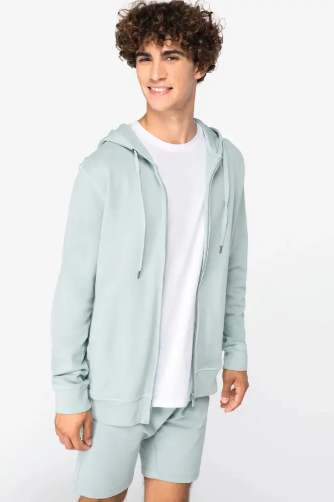 Ecologische uniseks sweater met rits en capuchon French Terry — productfoto 3