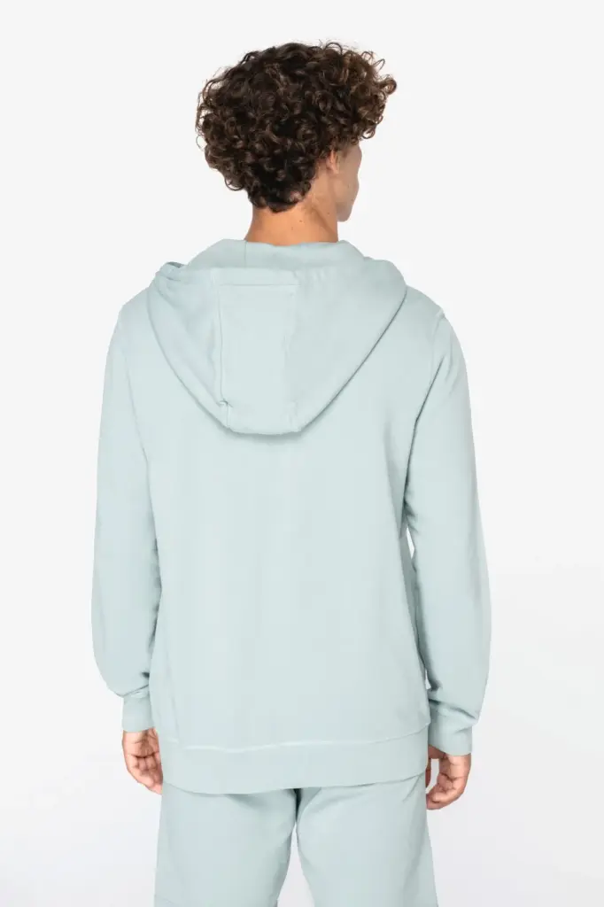 Ecologische uniseks sweater met rits en capuchon French Terry — productfoto 4