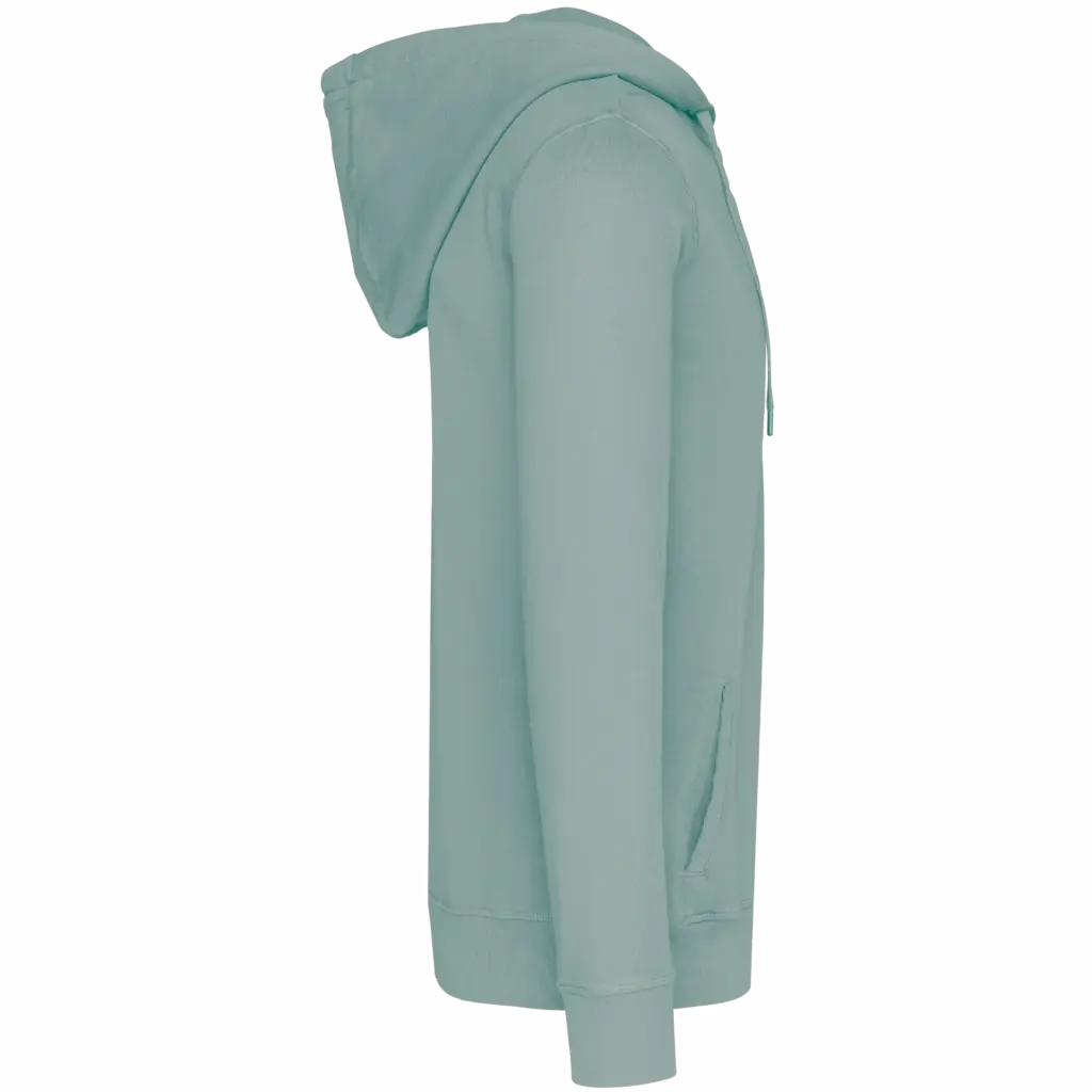 Ecologische uniseks sweater met rits en capuchon French Terry, washed jade green — productfoto 7