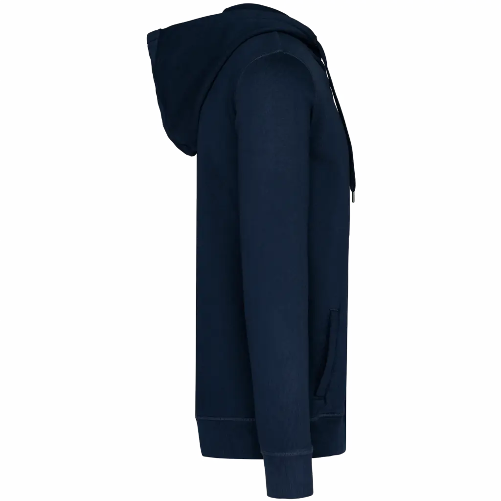 Ecologische uniseks sweater met rits en capuchon French Terry, washed navy blue — productfoto 8