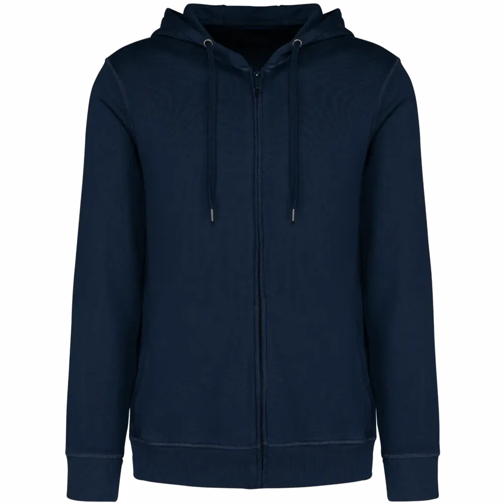 Ecologische uniseks sweater met rits en capuchon French Terry, washed navy blue — productfoto 9