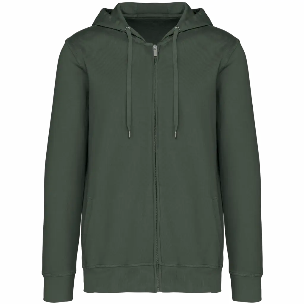 Ecologische uniseks sweater met rits en capuchon French Terry, washed organic khaki — productfoto 10