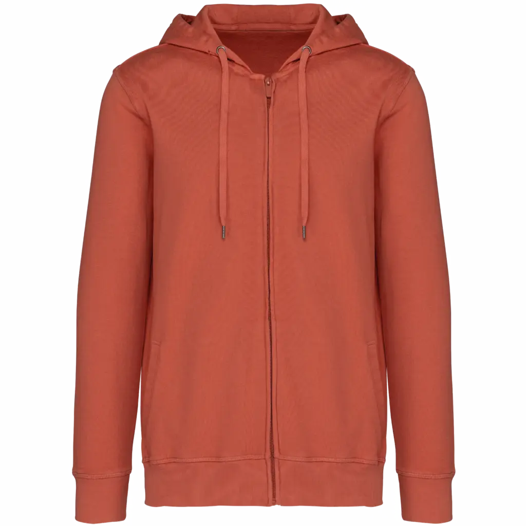 Ecologische uniseks sweater met rits en capuchon French Terry, washed pomelo — productfoto 11