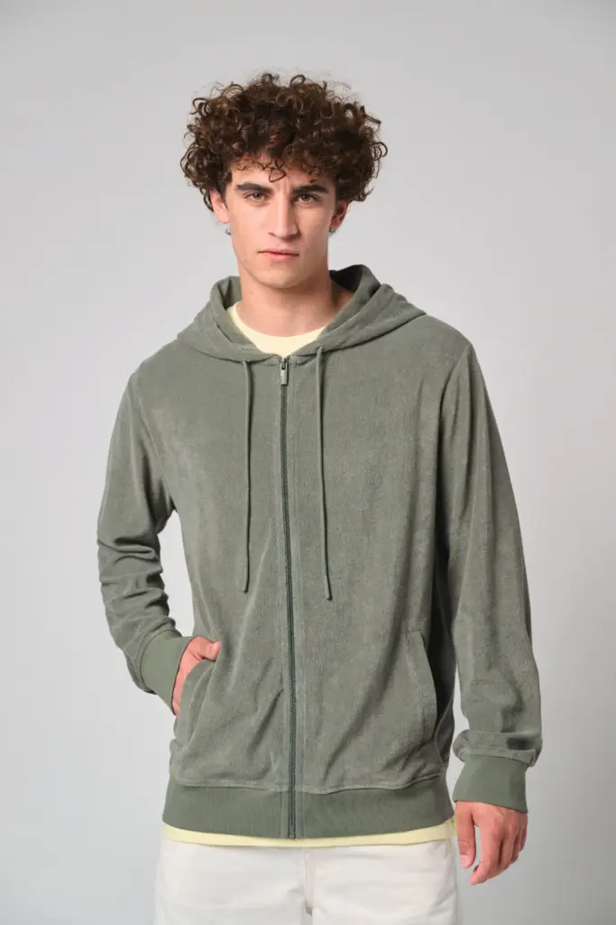 Ecologische badstof sweater met rits en capuchon