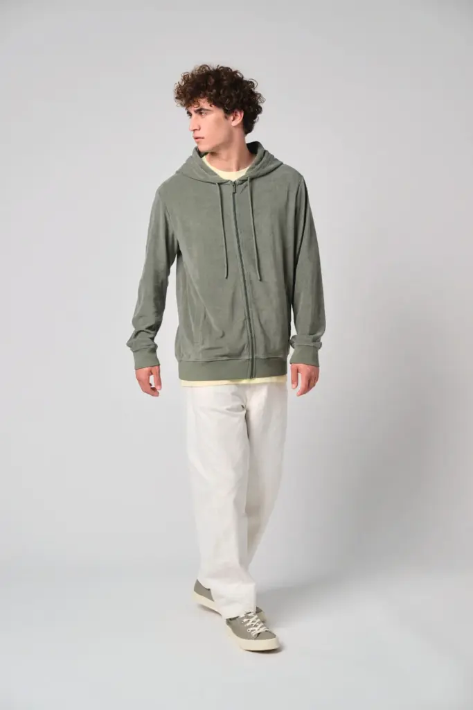 Ecologische badstof sweater met rits en capuchon — productfoto 2