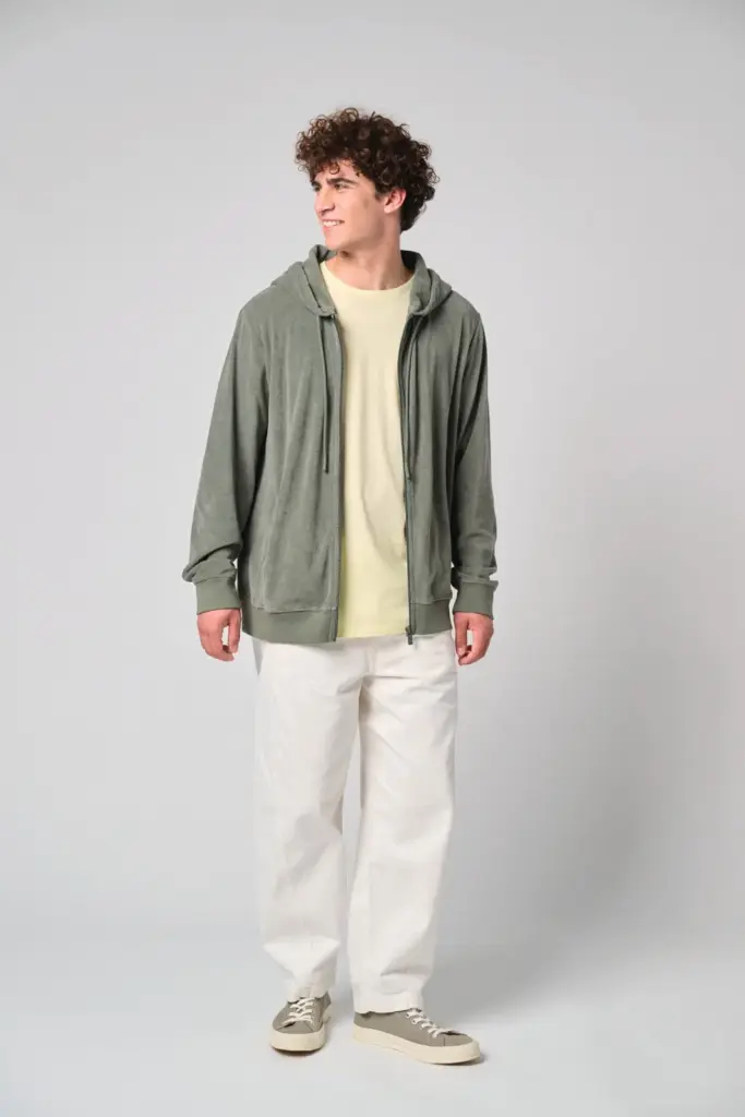 Ecologische badstof sweater met rits en capuchon — productfoto 3