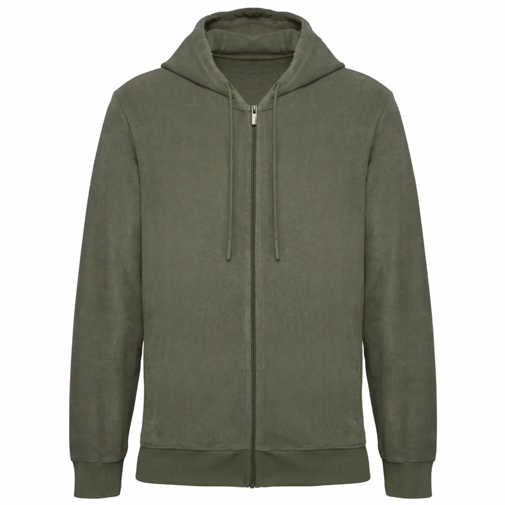 Ecologische badstof sweater met rits en capuchon, organic khaki — productfoto 7