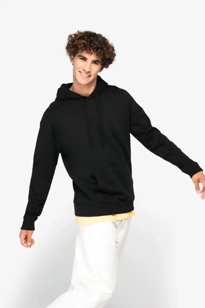 Ecologische uniseks sweater met capuchon en verlaagde schouders French Terry — productfoto 4
