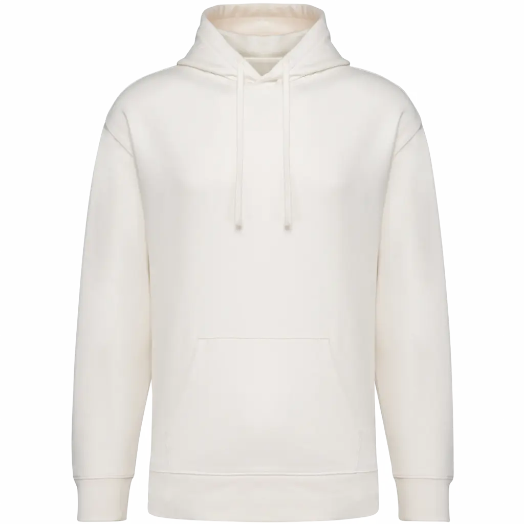 Ecologische uniseks sweater met capuchon en verlaagde schouders French Terry, ivory — productfoto 7