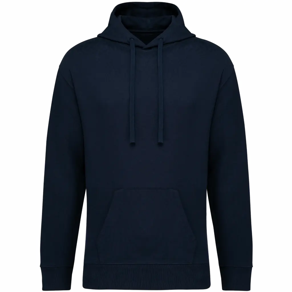 Ecologische uniseks sweater met capuchon en verlaagde schouders French Terry, navy blue — productfoto 8