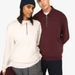 Ecologische uniseks sweater met kwartrits, polokraag en afhangende schouders