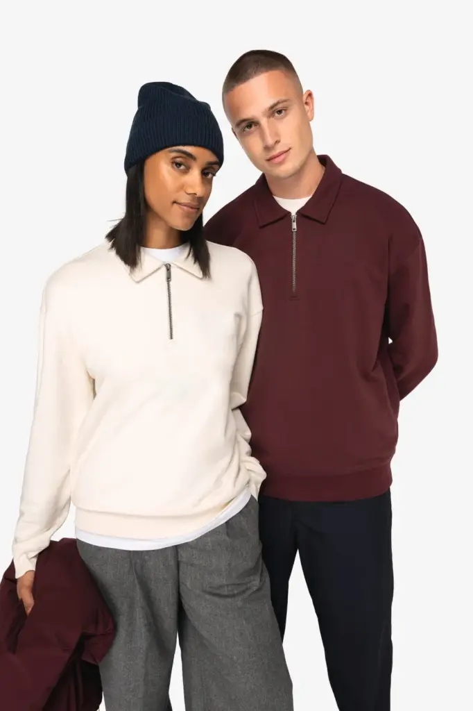 Ecologische uniseks sweater met kwartrits, polokraag en afhangende schouders