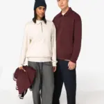 Ecologische uniseks sweater met kwartrits, polokraag en afhangende schouders — productfoto 2