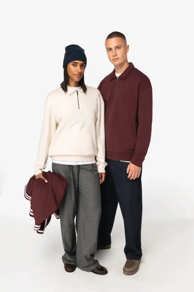 Ecologische uniseks sweater met kwartrits, polokraag en afhangende schouders — productfoto 2