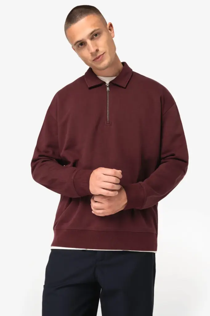 Ecologische uniseks sweater met kwartrits, polokraag en afhangende schouders — productfoto 3