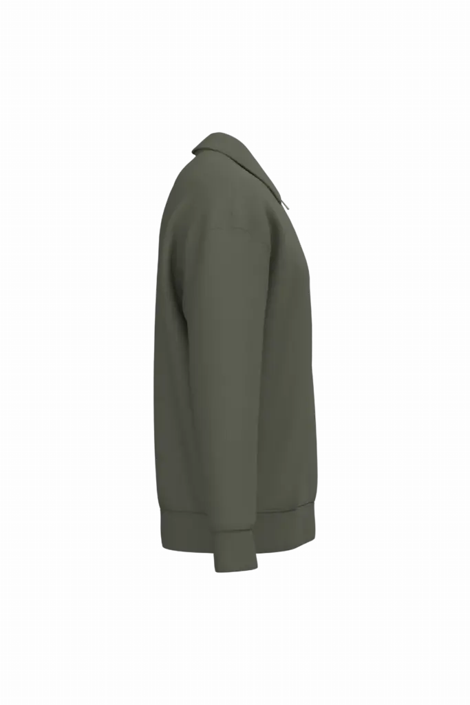 Ecologische uniseks sweater met kwartrits, polokraag en afhangende schouders, organic khaki — productfoto 9