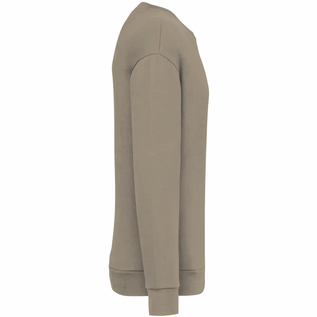 Ecologische uniseks sweater met ronde hals en verlaagde schouders in geborsteld fleece, wet sand — productfoto 9
