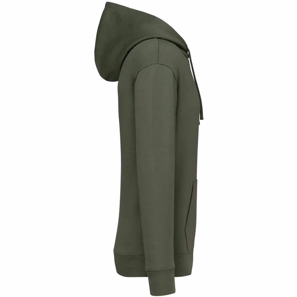 Ecologische uniseks sweater met capuchon en verlaagde schouders in geborsteld fleece, organic khaki — productfoto 8