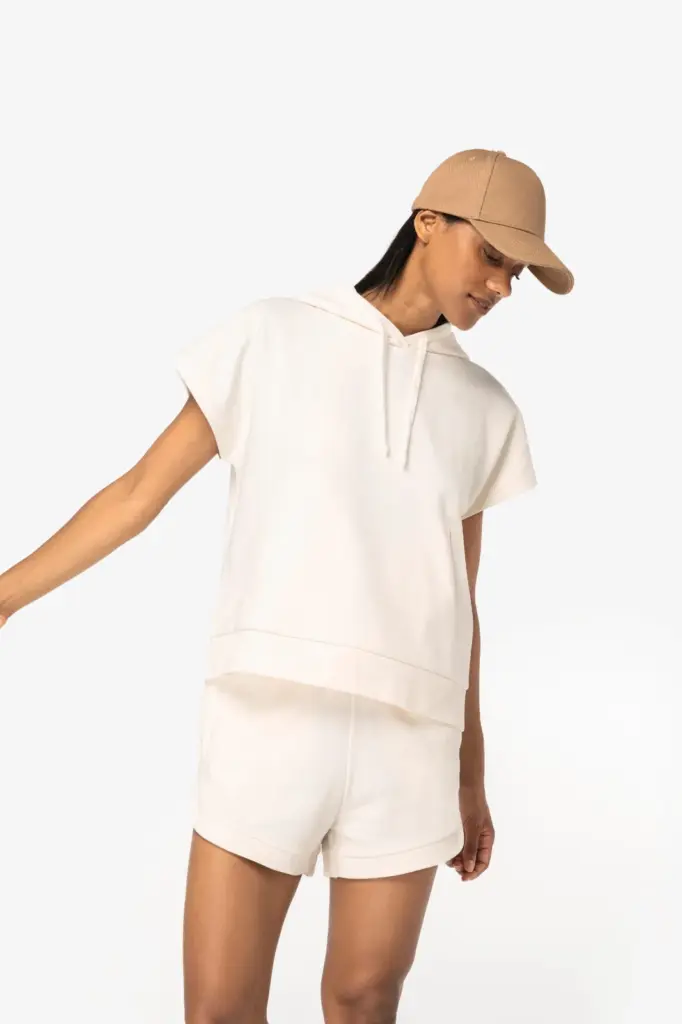 Ecologische ruime, mouwloze damessweater met capuchon in French Terry