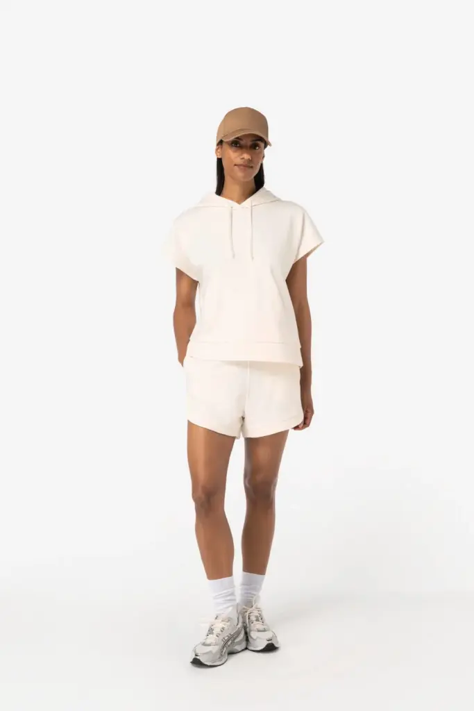 Ecologische ruime, mouwloze damessweater met capuchon in French Terry — productfoto 2
