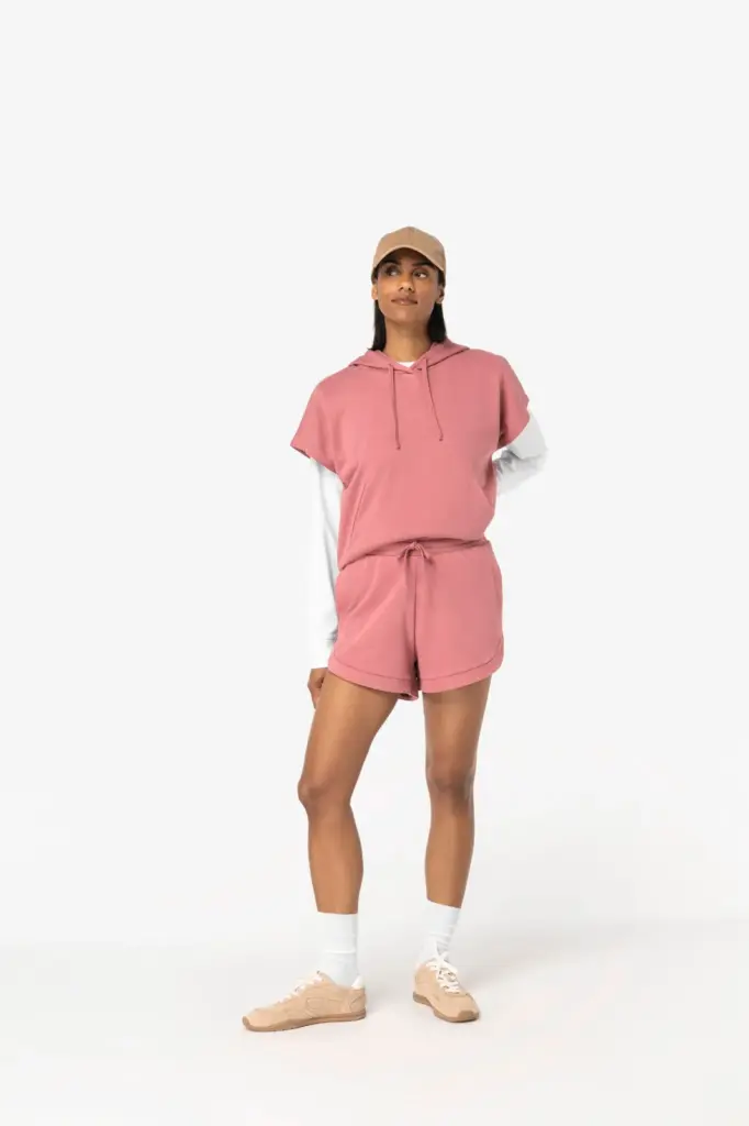 Ecologische ruime, mouwloze damessweater met capuchon in French Terry — productfoto 3