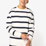 Ecologische gestreepte uniseks sweater met ronde hals en afhangende schouders — productfoto 4