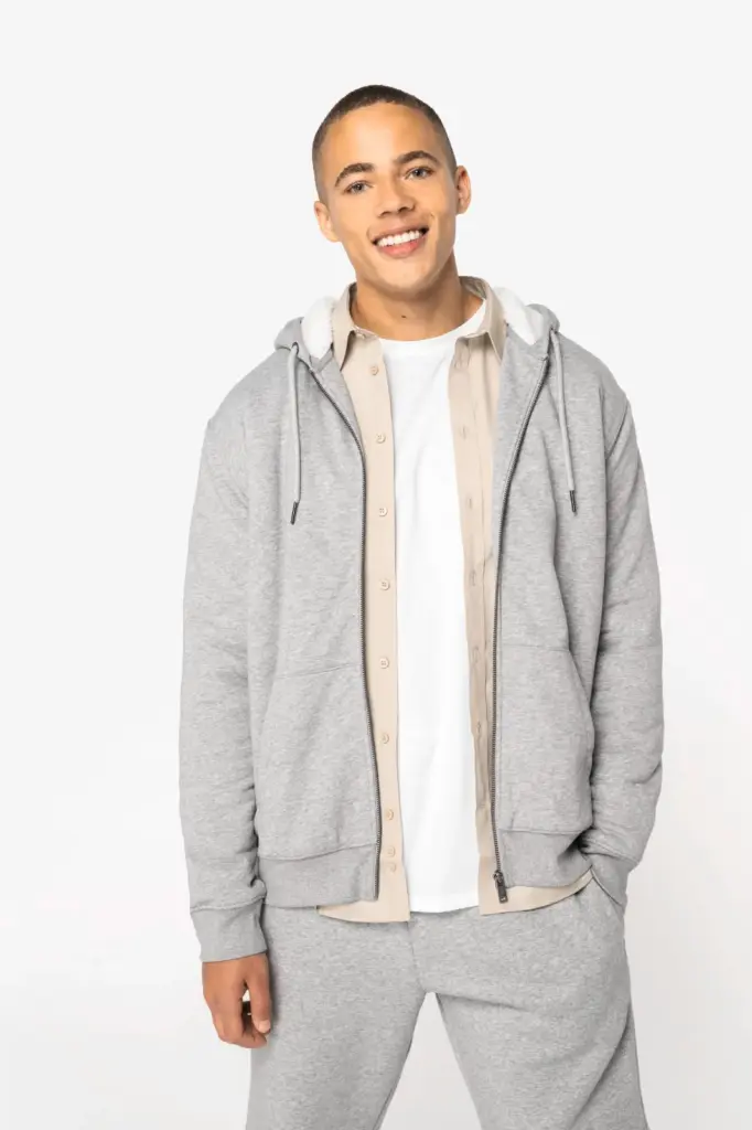 NS460-19_2026 - Hidalgo-werbeartikel Ecologische uniseks sweater met rits en sherpavoering — productfoto 4