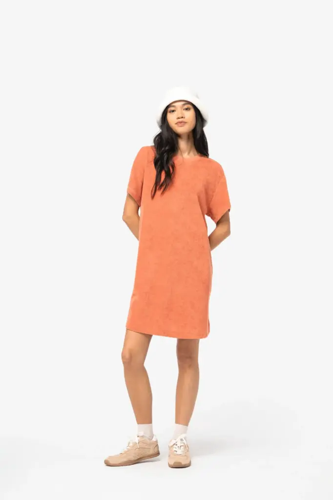Ecologische badstof t-shirtjurk met afhangende mouwen