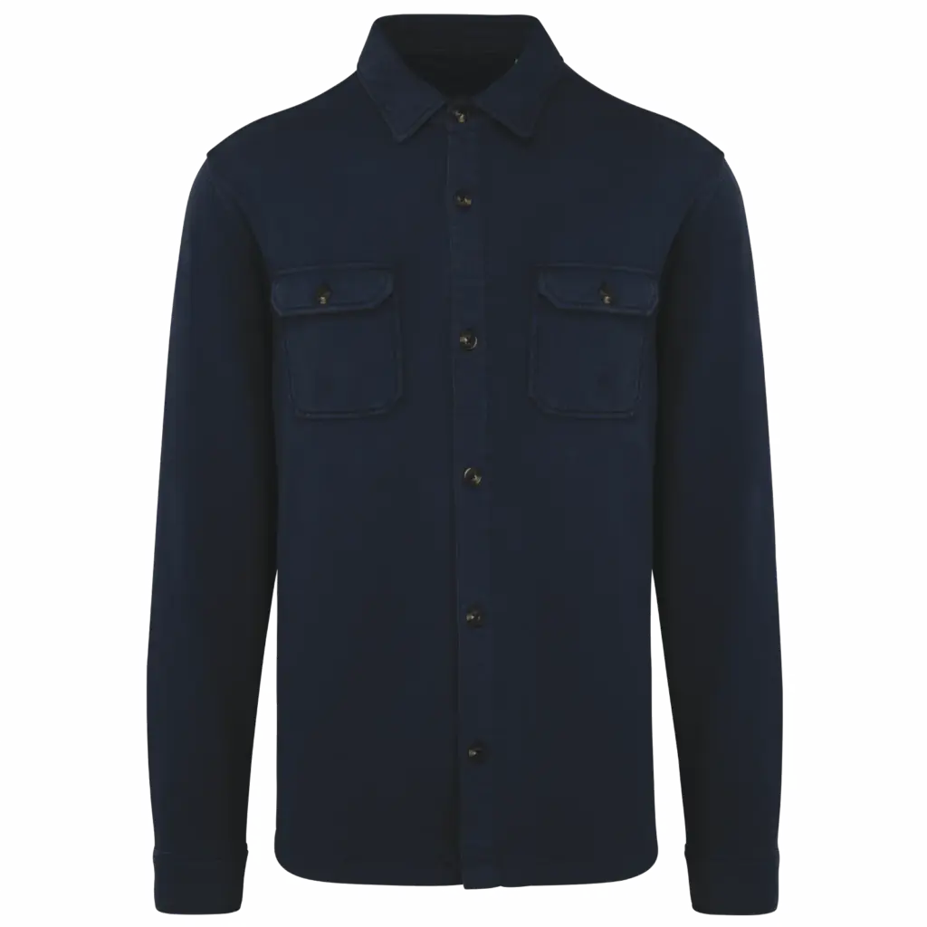 Ecologisch verwassen herenoverhemd in geborsteld fleece, washed navy blue — productfoto 7
