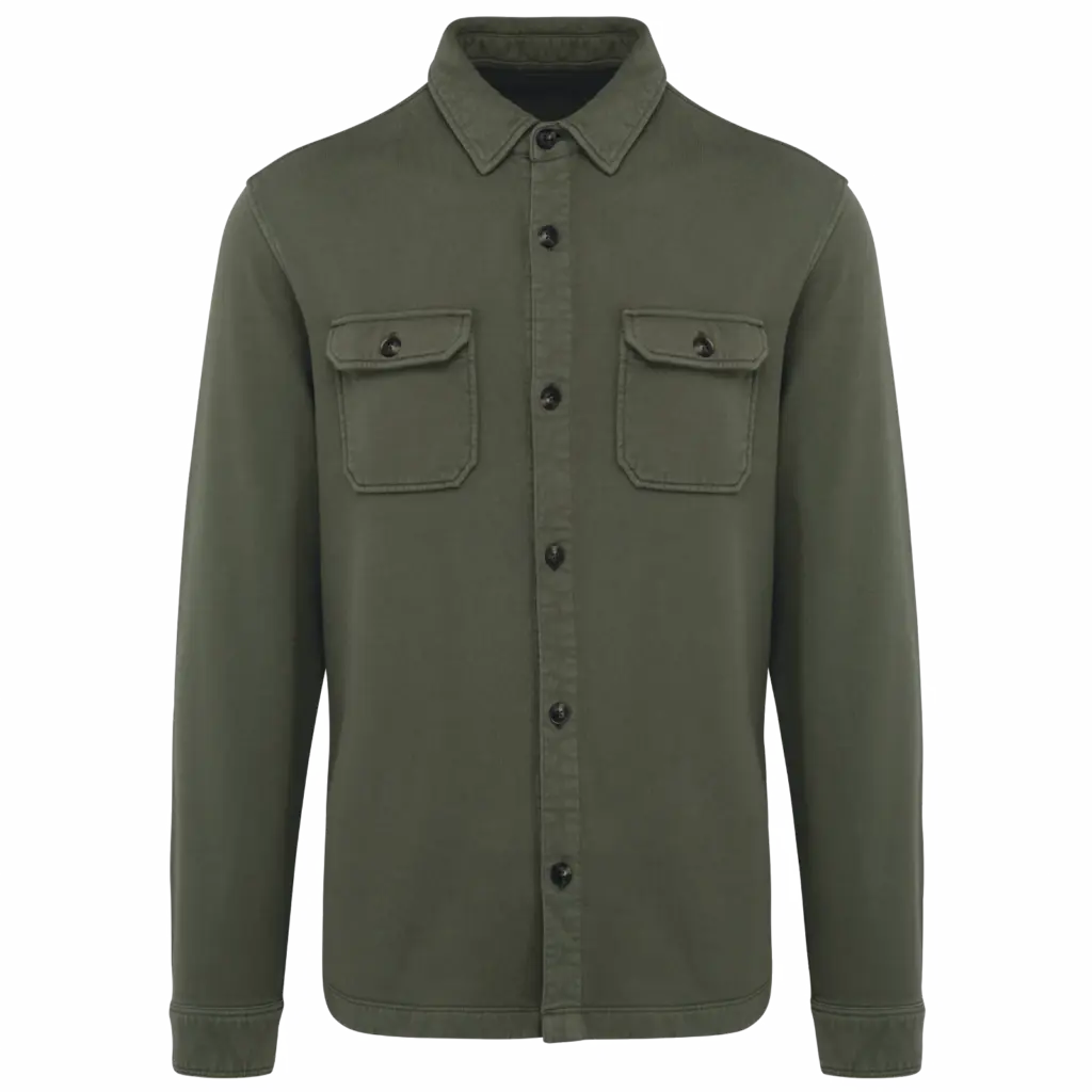 Ecologisch verwassen herenoverhemd in geborsteld fleece, washed organic khaki — productfoto 8
