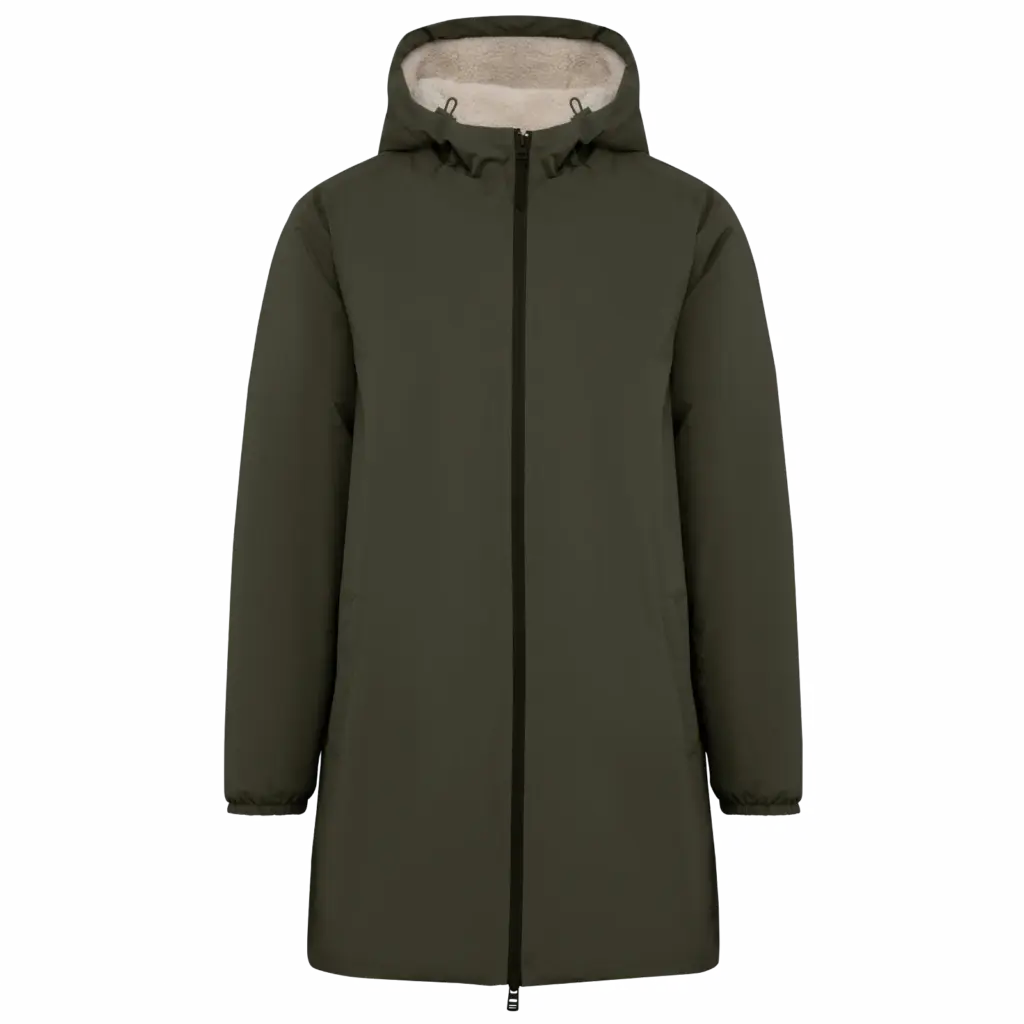 Ecologisch waterdicht uniseks jasje met sherpavoering, organic khaki — productfoto 8