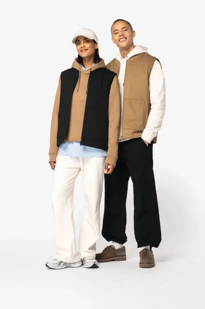 Ecologische gevoerde uniseks bodywarmer van twill met teddykraag — productfoto 2