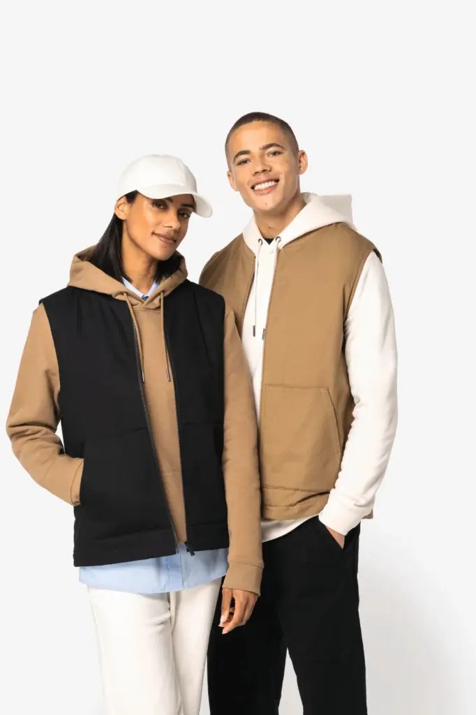Ecologische gevoerde uniseks bodywarmer van twill met teddykraag — productfoto 3