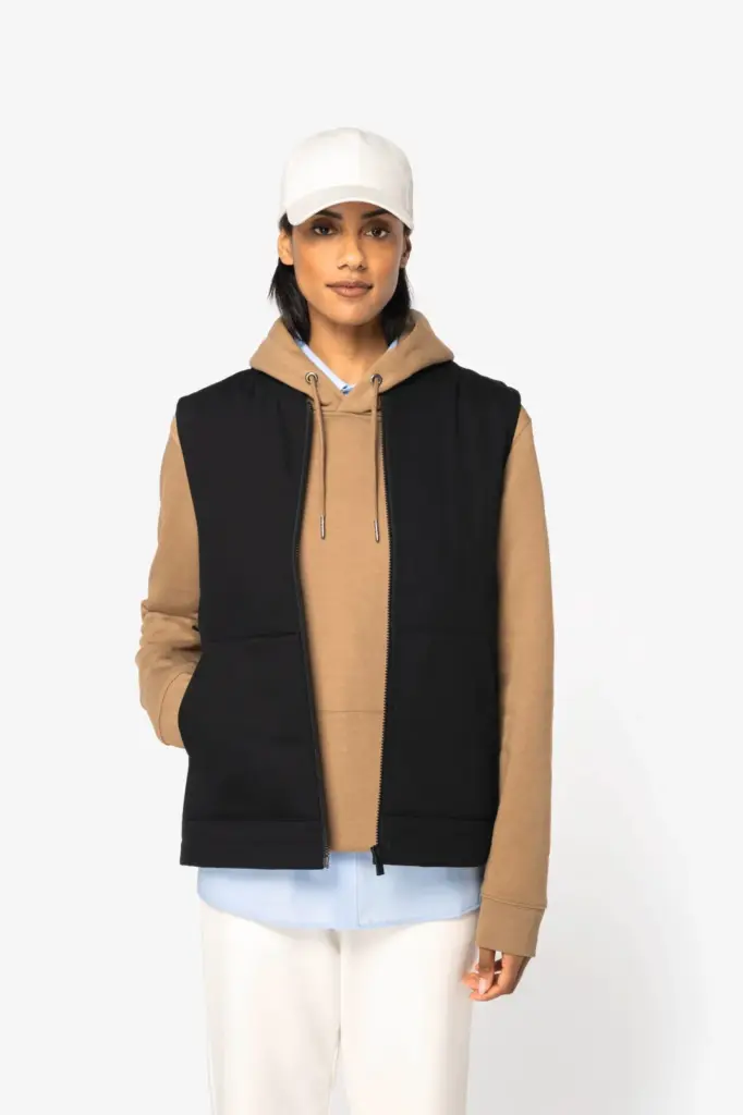 Ecologische gevoerde uniseks bodywarmer van twill met teddykraag — productfoto 4