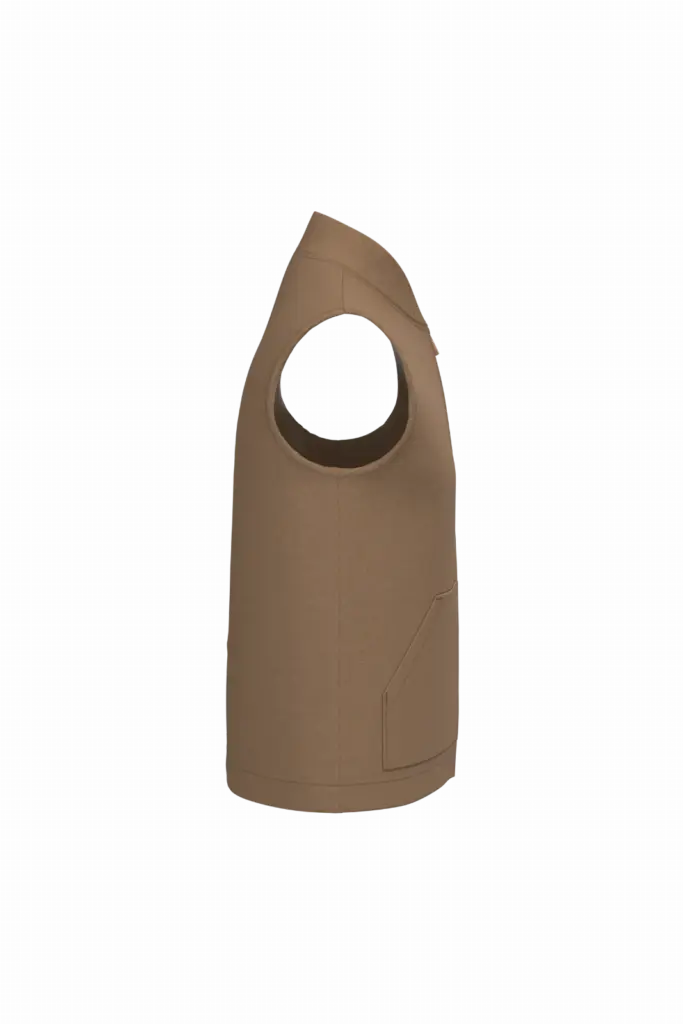 Ecologische gevoerde uniseks bodywarmer van twill met teddykraag, dark camel — productfoto 6