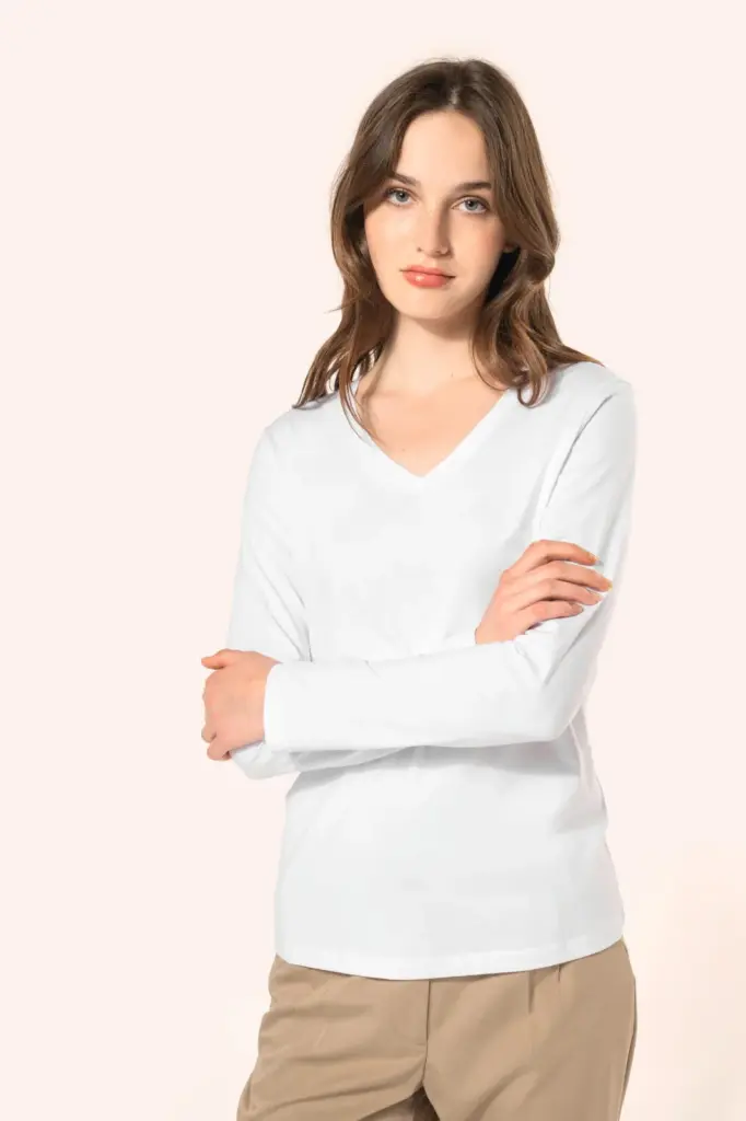 Supima® dames-T-shirt V-hals lange mouwen — productfoto 4