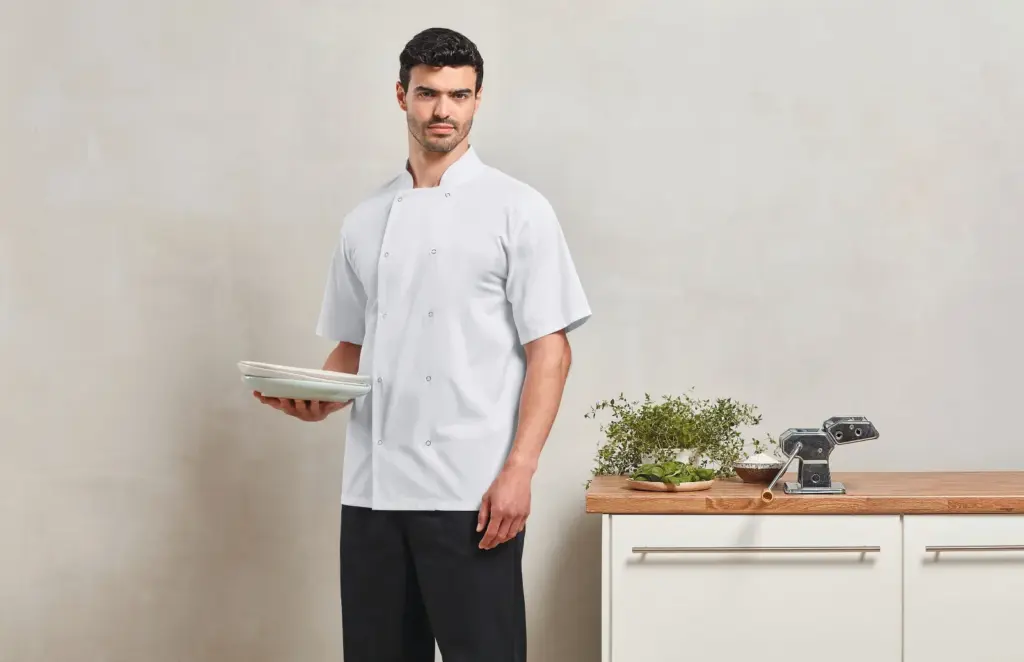 Studded Front Short Sleeve Chef's Jacket