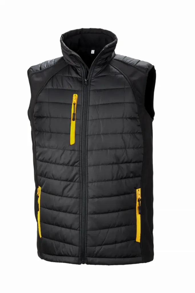 Black compass gewatteerde softshell bodywarmer, black / yellow — productfoto 10